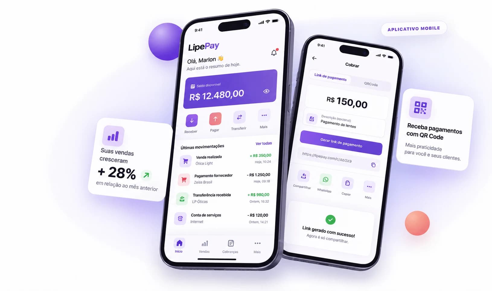 Dois celulares exibindo um aplicativo de gestão e pagamentos da LipePay.
