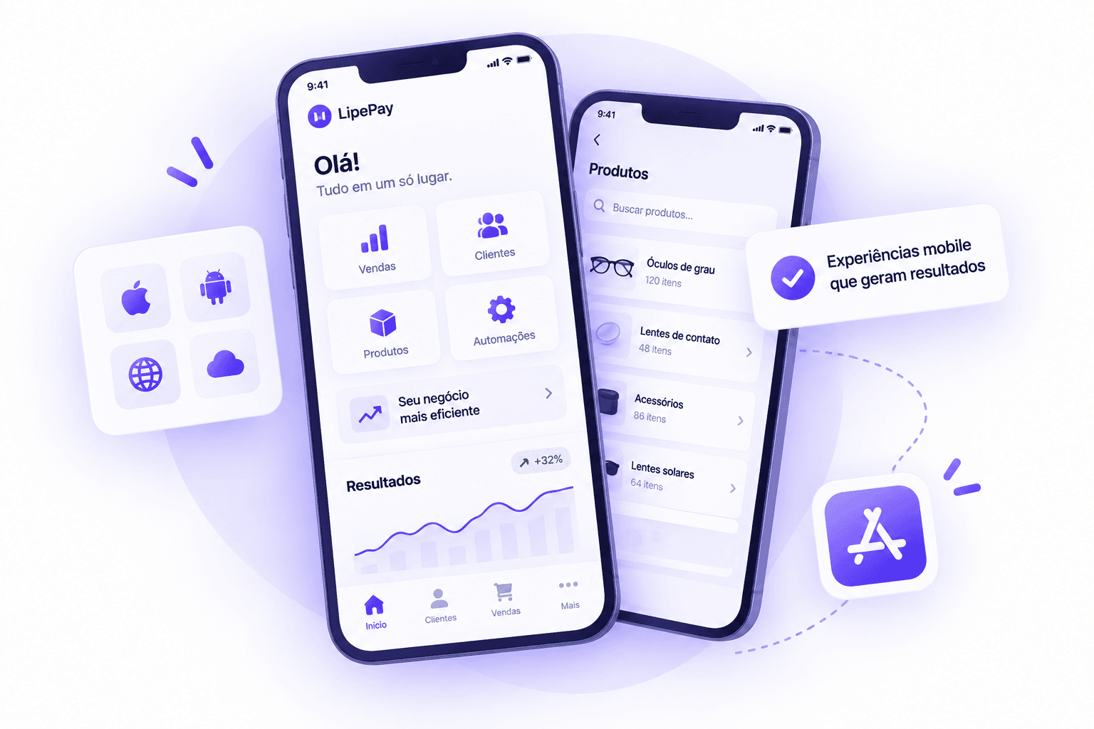 Ilustração de dois aplicativos mobile LipePay com vendas, clientes e produtos.